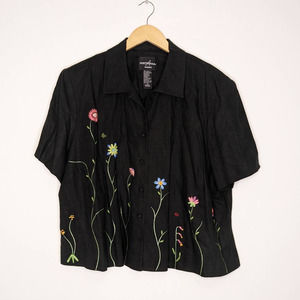 90's Floral Button Down Ribbon Embroidered Linen Blend Black Pink Blue Size 20